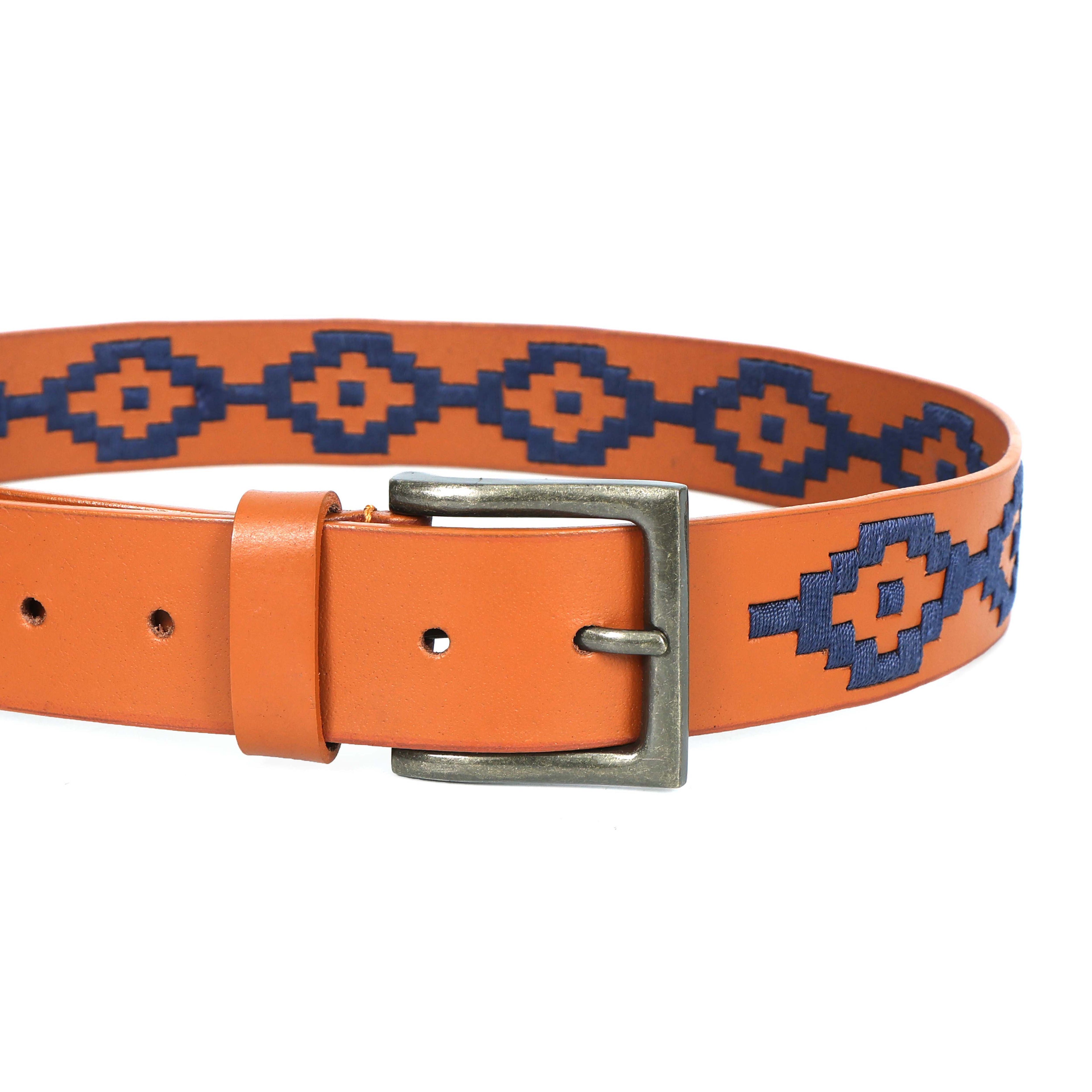 Berbanto Navy Blue Polo Belt – Hand-Embroidered on Premium Full-Grain Tan Leather