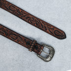 Berbanto Two Tone Brown Leather Western Belt with Western Engraved Black Buckle + Free Antique Plain Buckle
