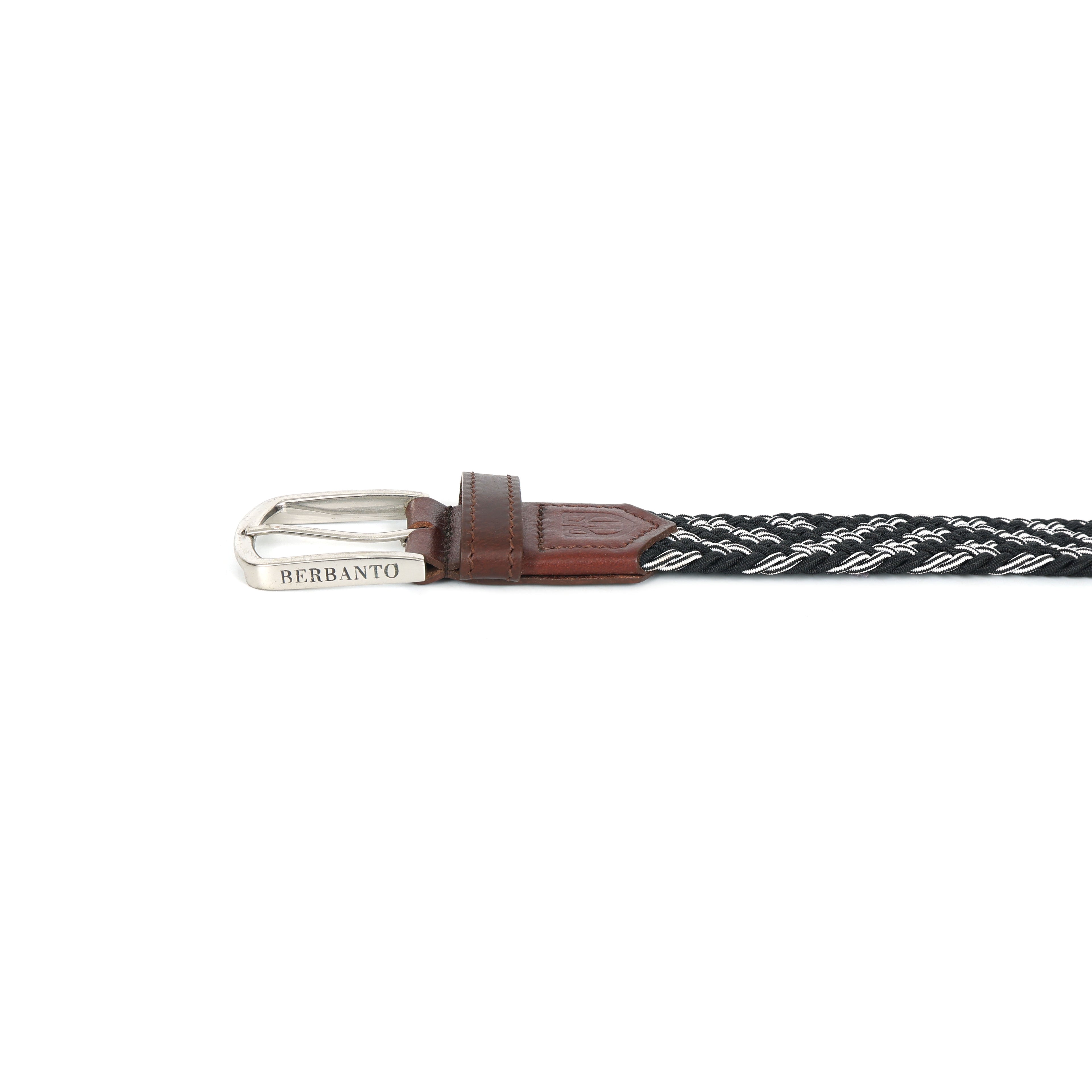 Golf Stretch Belt – Black & White Zigzag with Brown Leather Trim