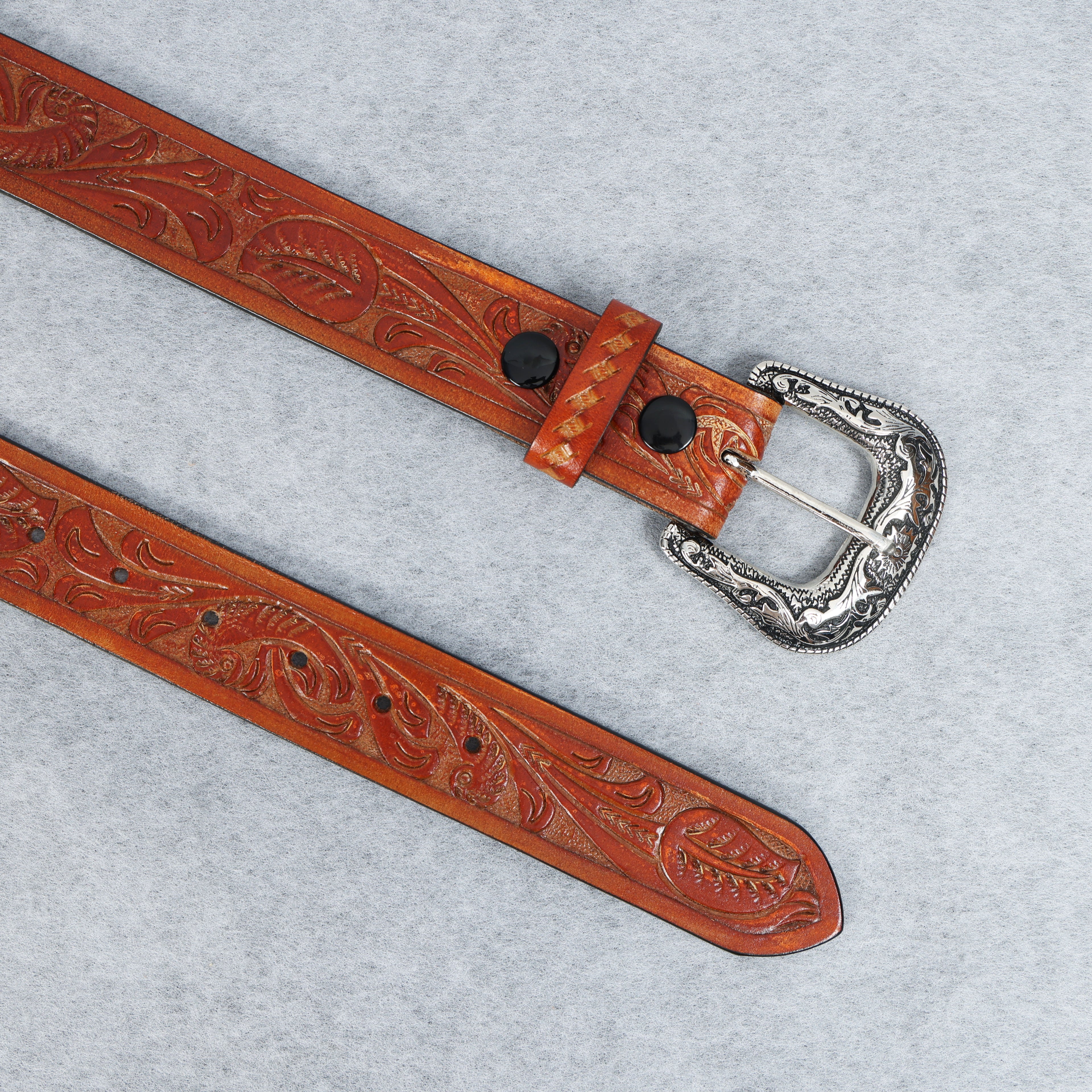 Berbanto Two Tone Tan Leather Western Belt with Western Engraved Rustic Silver Buckle + Free Antique Plain Buckle