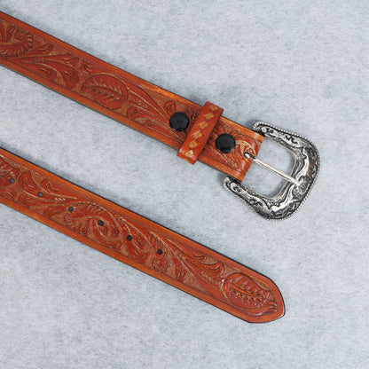 Berbanto Two Tone Tan Leather Western Belt with Western Engraved Rustic Silver Buckle + Free Antique Plain Buckle