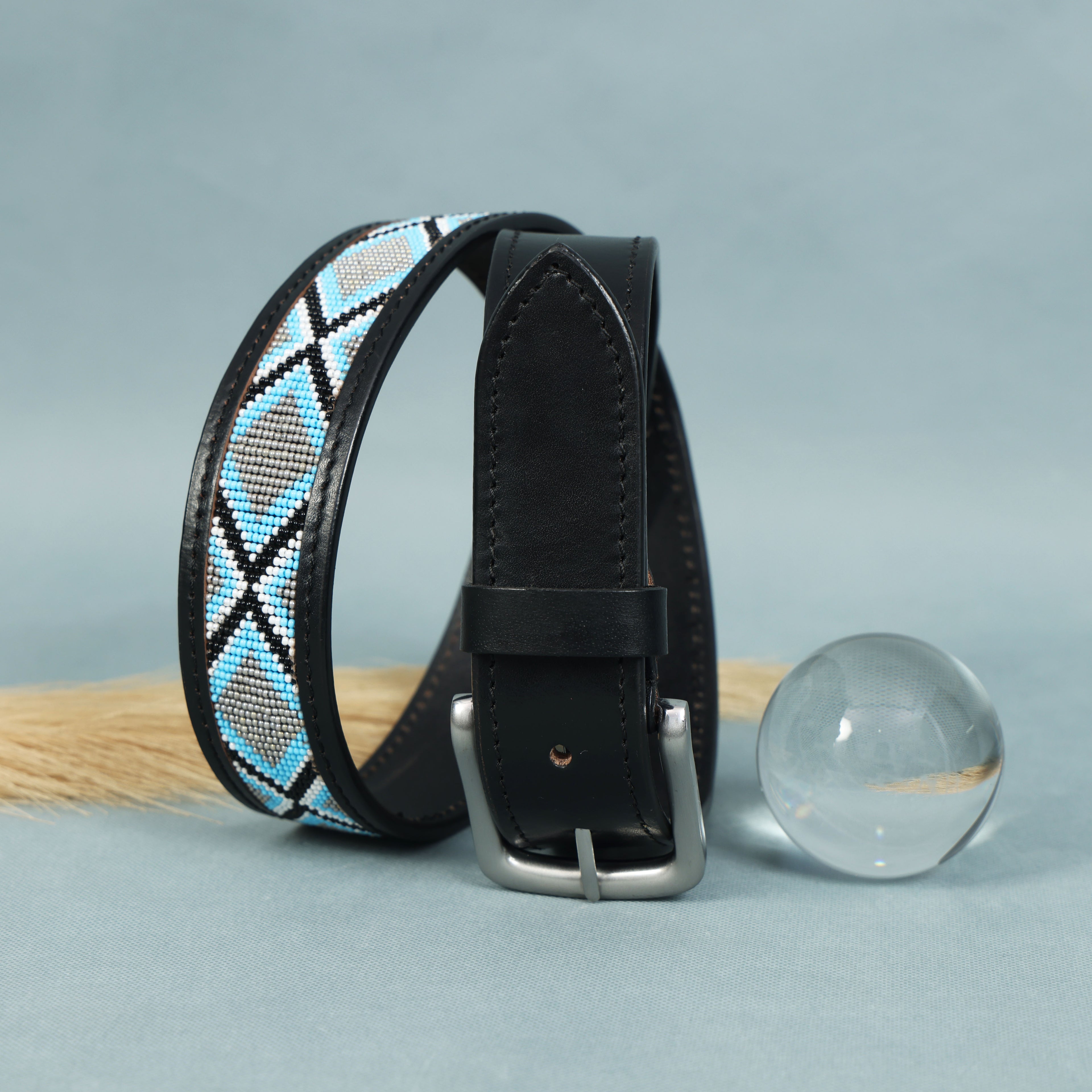 Blue Horizon Gaucho Beaded Leather Belt – Handcrafted Argentinian Diamond Pattern Belt