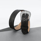Black Leather Western Belt with Western Engraved Silver Buckle + Free Antique Plain Buckle
