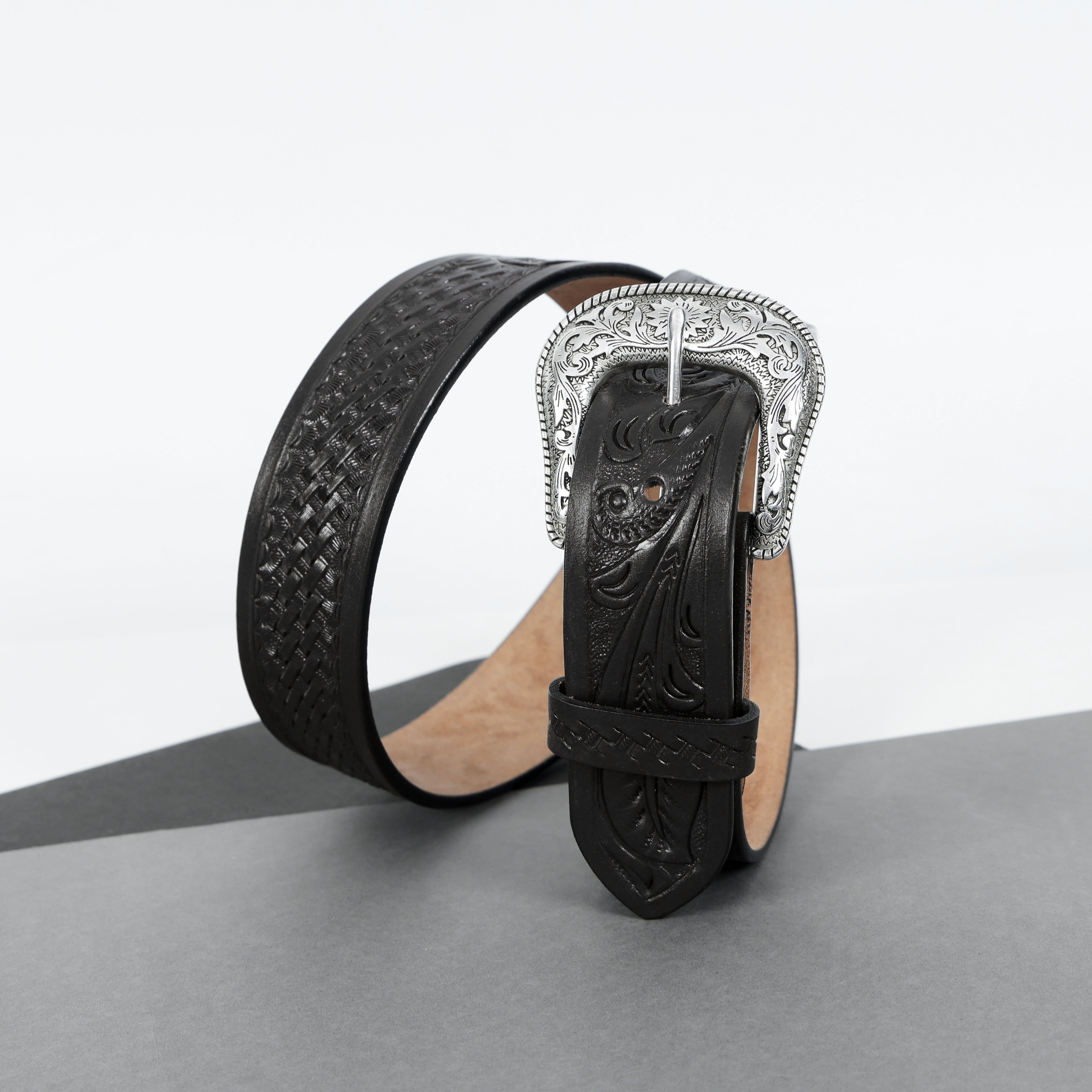 Black Leather Western Belt with Western Engraved Silver Buckle + Free Antique Plain Buckle