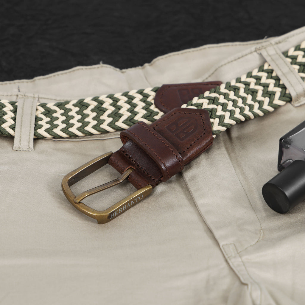 Golf Stretch Belt – Olive & Beige Zigzag with Brown Leather Trim
