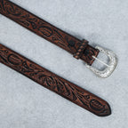 Berbanto Two Tone Brown Leather Western Belt with Western Engraved Silver Buckle + Free Antique Plain Buckle
