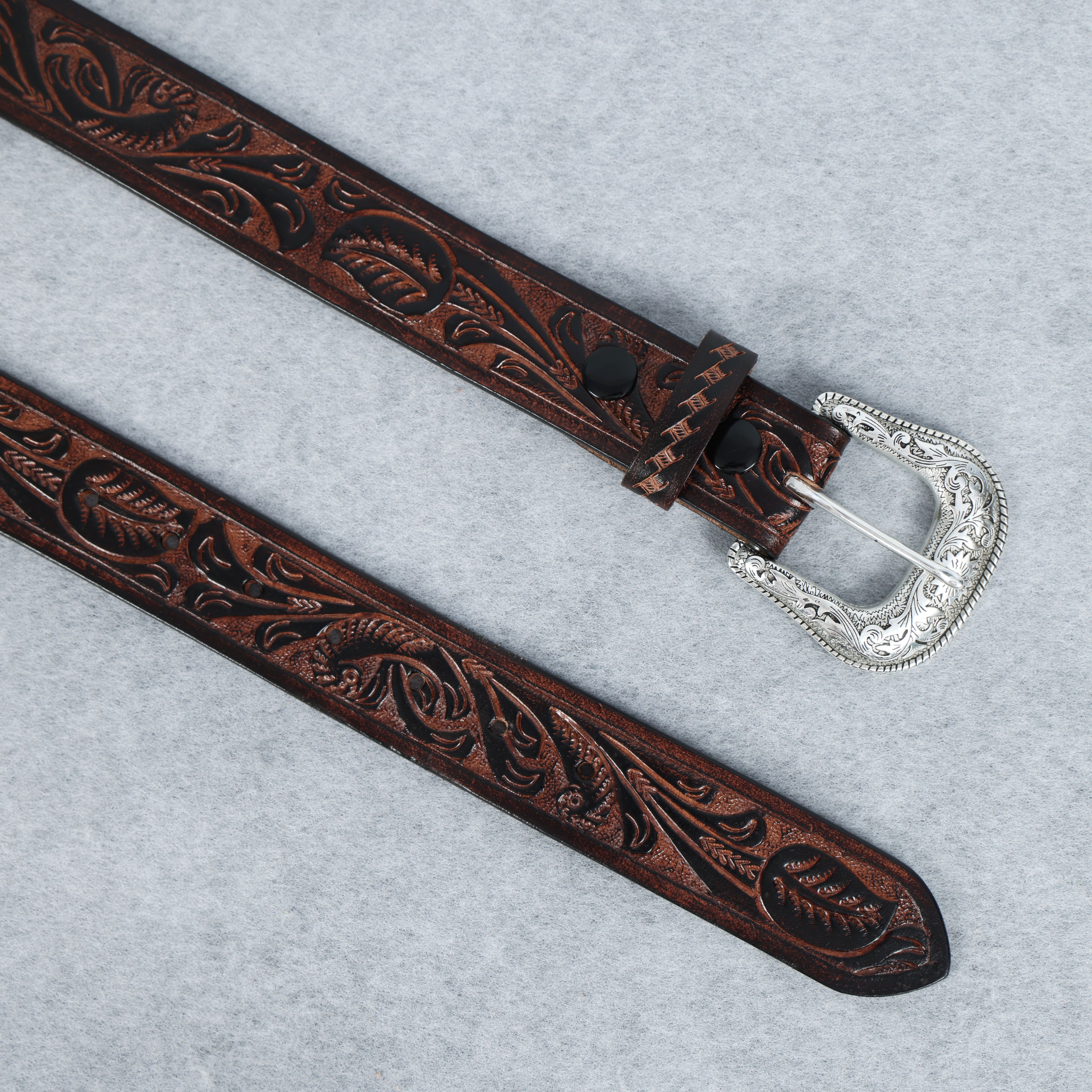 Berbanto Two Tone Brown Leather Western Belt with Western Engraved Silver Buckle + Free Antique Plain Buckle