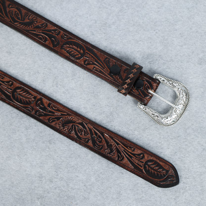 Berbanto Two Tone Brown Leather Western Belt with Western Engraved Silver Buckle + Free Antique Plain Buckle