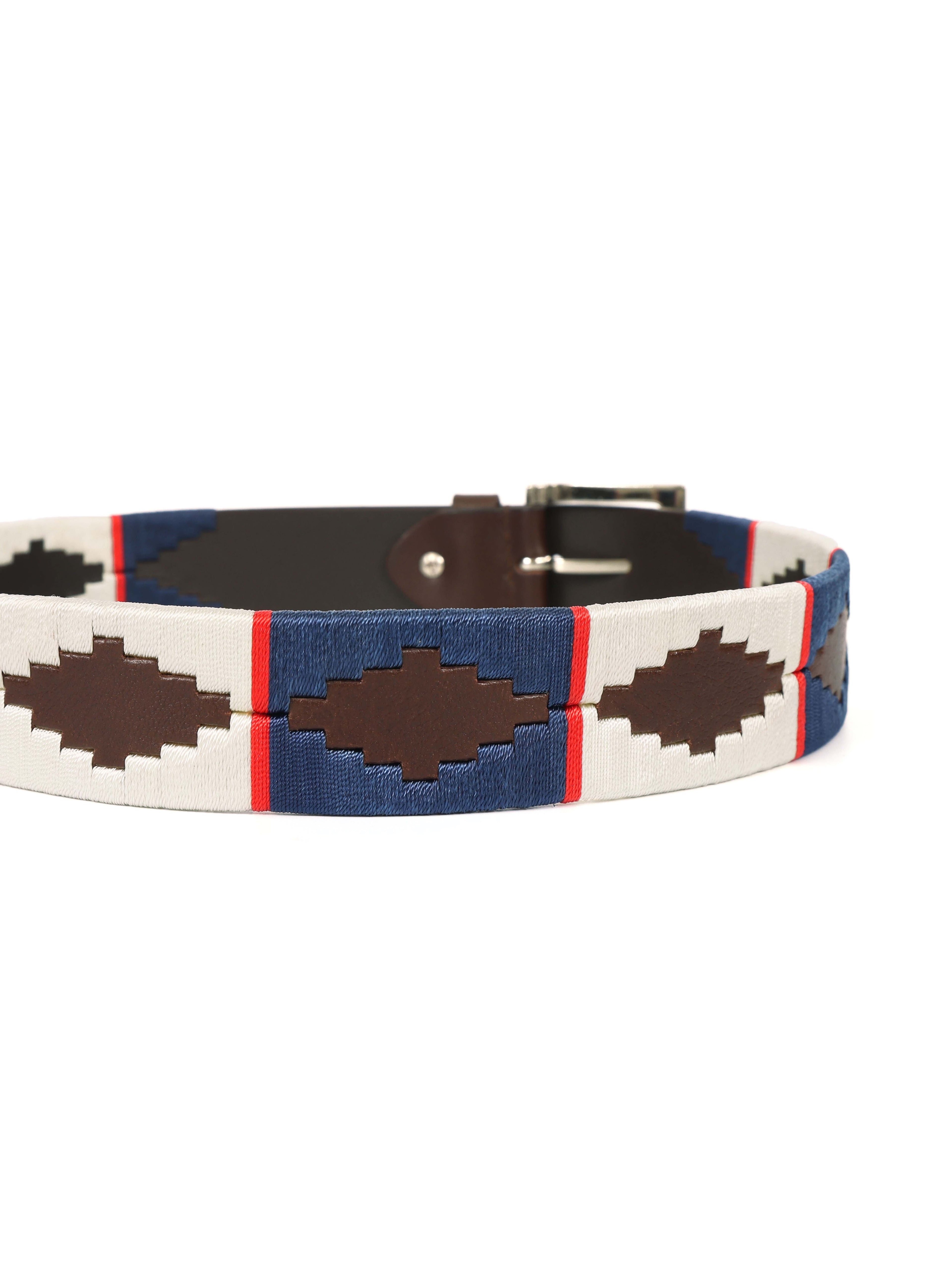 Brown Polo Leather Belt with Blue, Red, and Cream Stitching & Silver Buckle