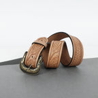 Berbanto Natural Leather Western Belt with Western Engraved Brass Buckle + Free Antique Plain Buckle