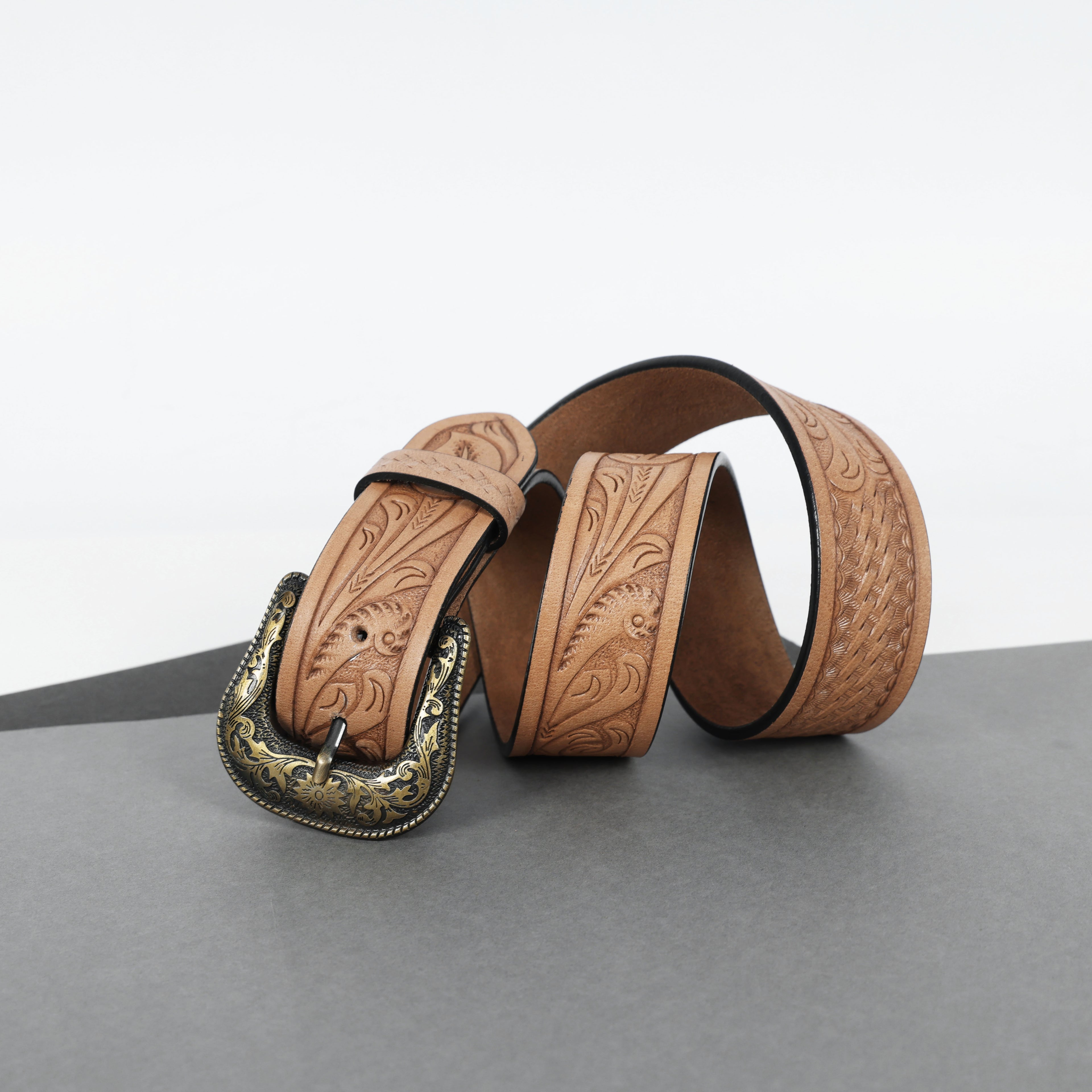Berbanto Natural Leather Western Belt with Western Engraved Brass Buckle + Free Antique Plain Buckle