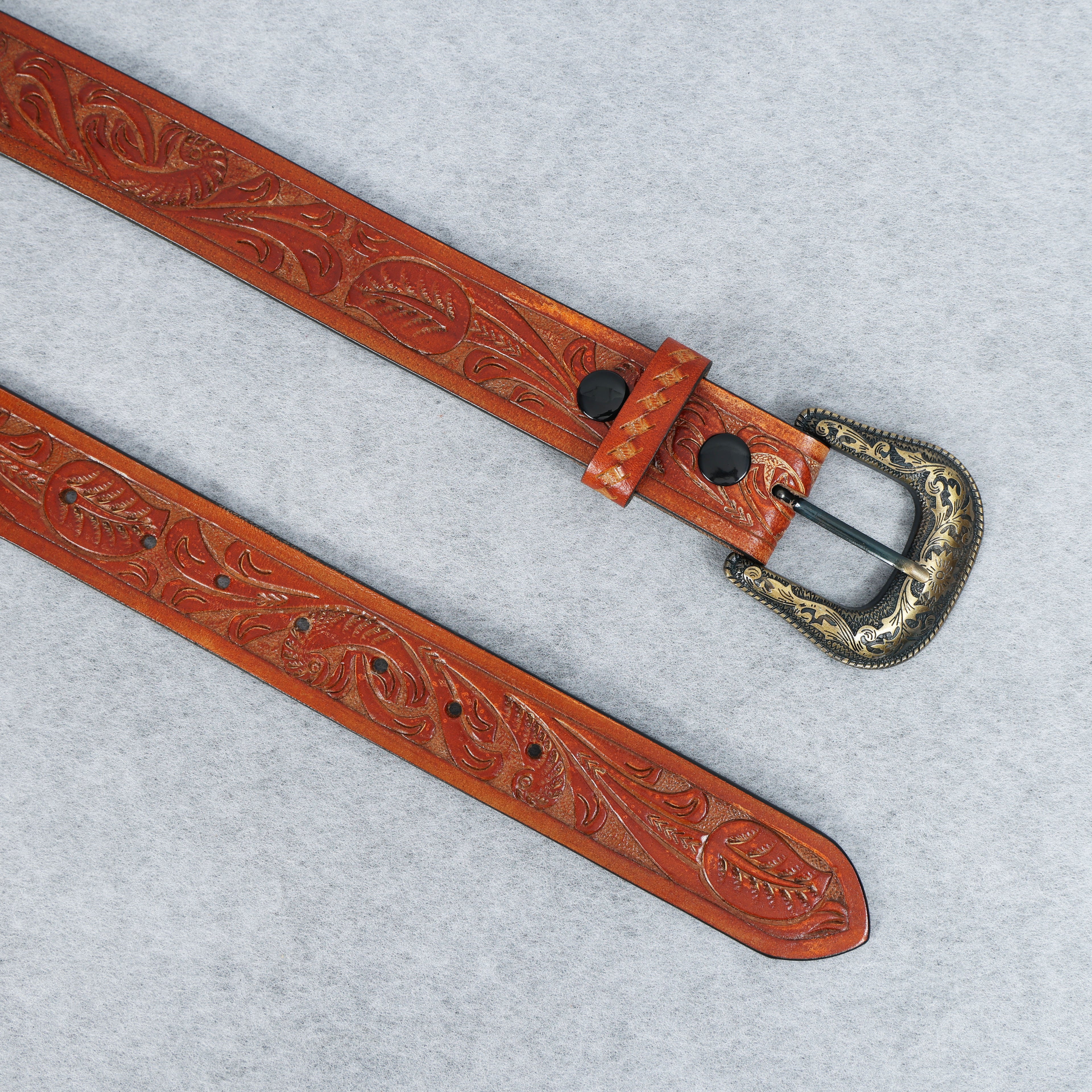 Berbanto Two Tone Tan Leather Western Belt with Western Engraved Brass Buckle + Free Antique Plain Buckle