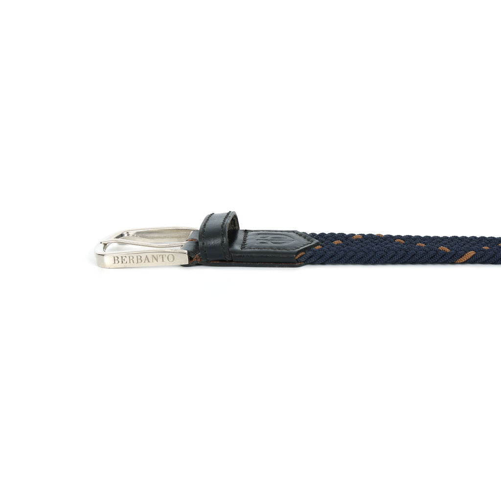 Golf Stretch Belt – Navy & Orange Dot with Black Leather Trim