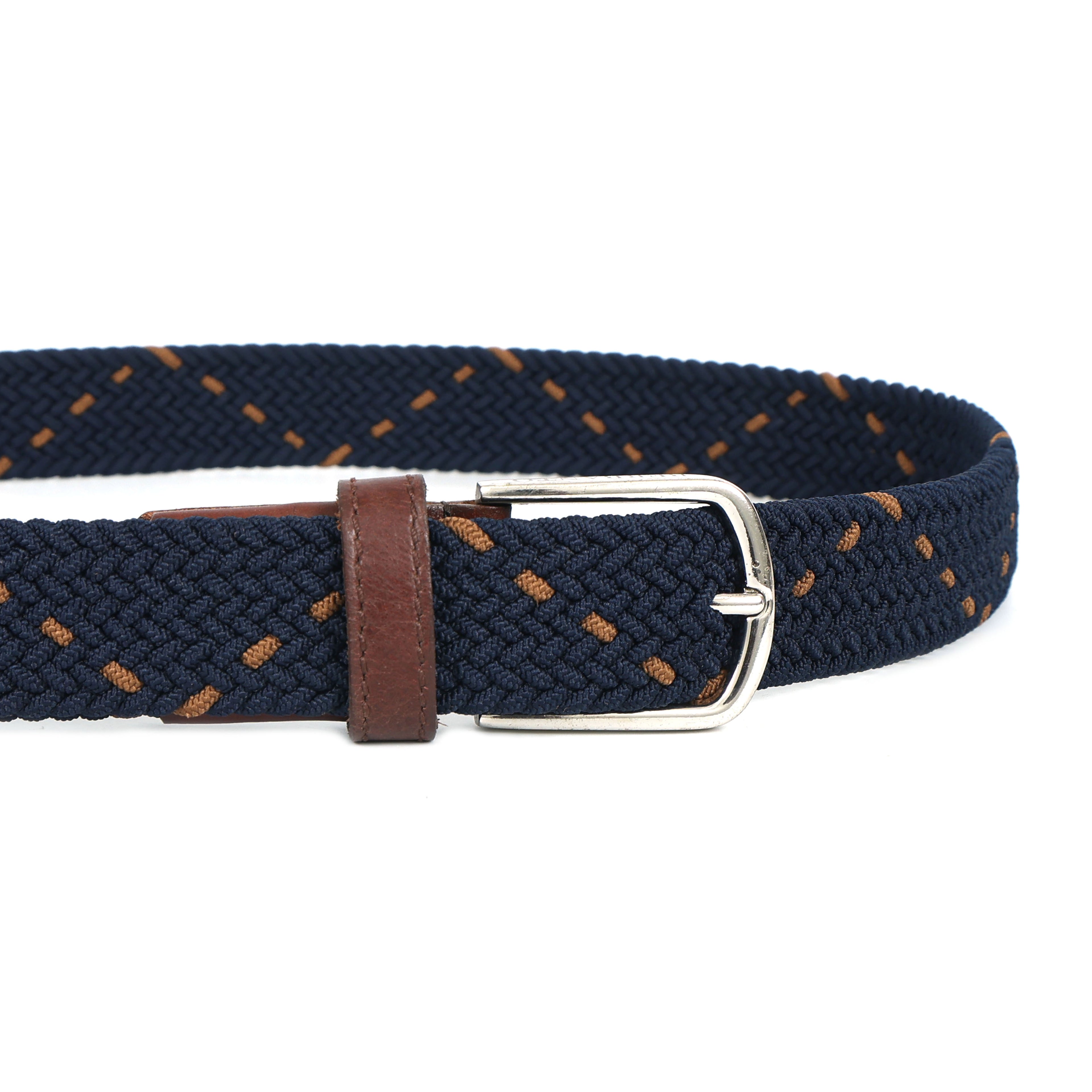 Golf Stretch Belt – Navy & Orange Dot with Brown Leather Trim