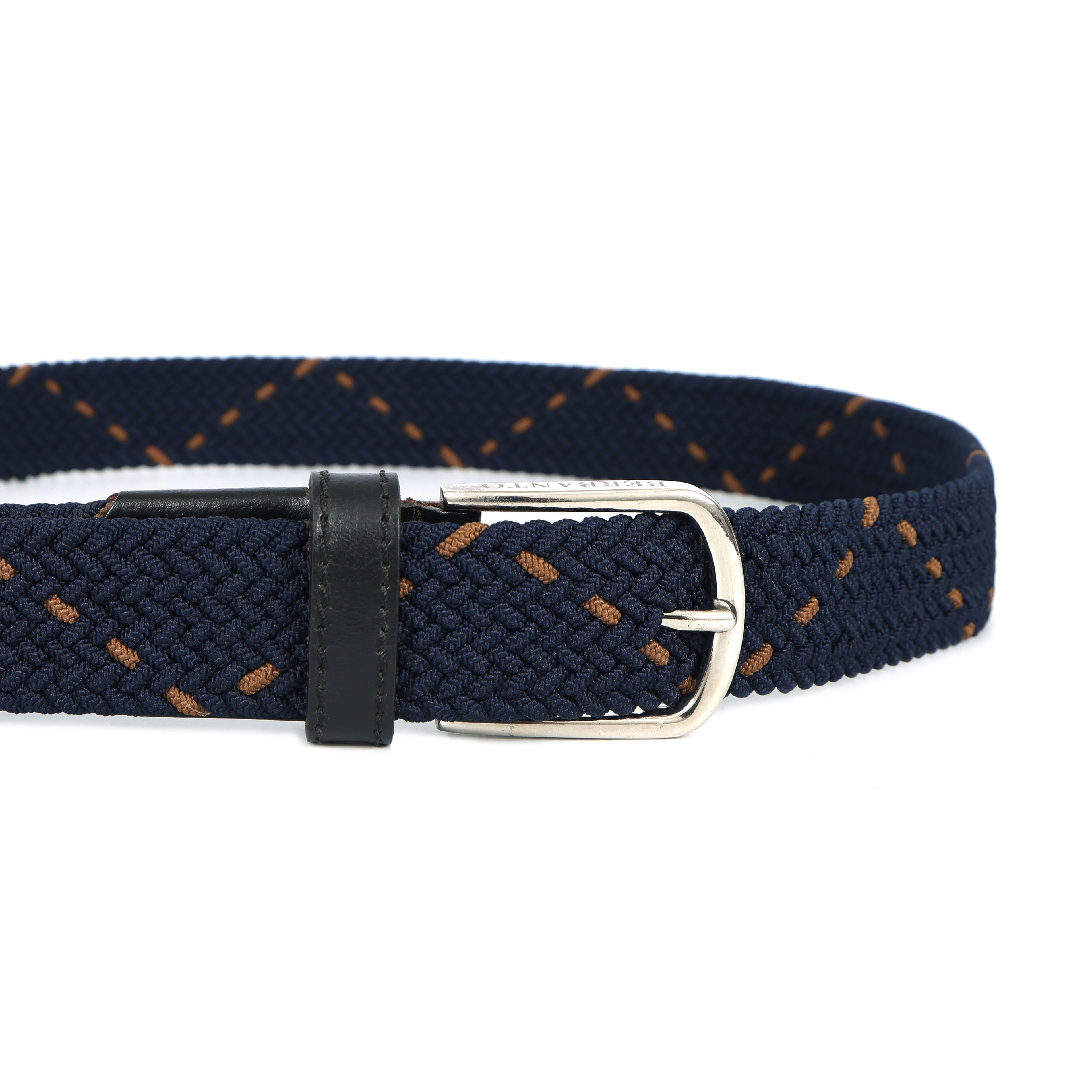 Golf Stretch Belt – Navy & Orange Dot with Black Leather Trim