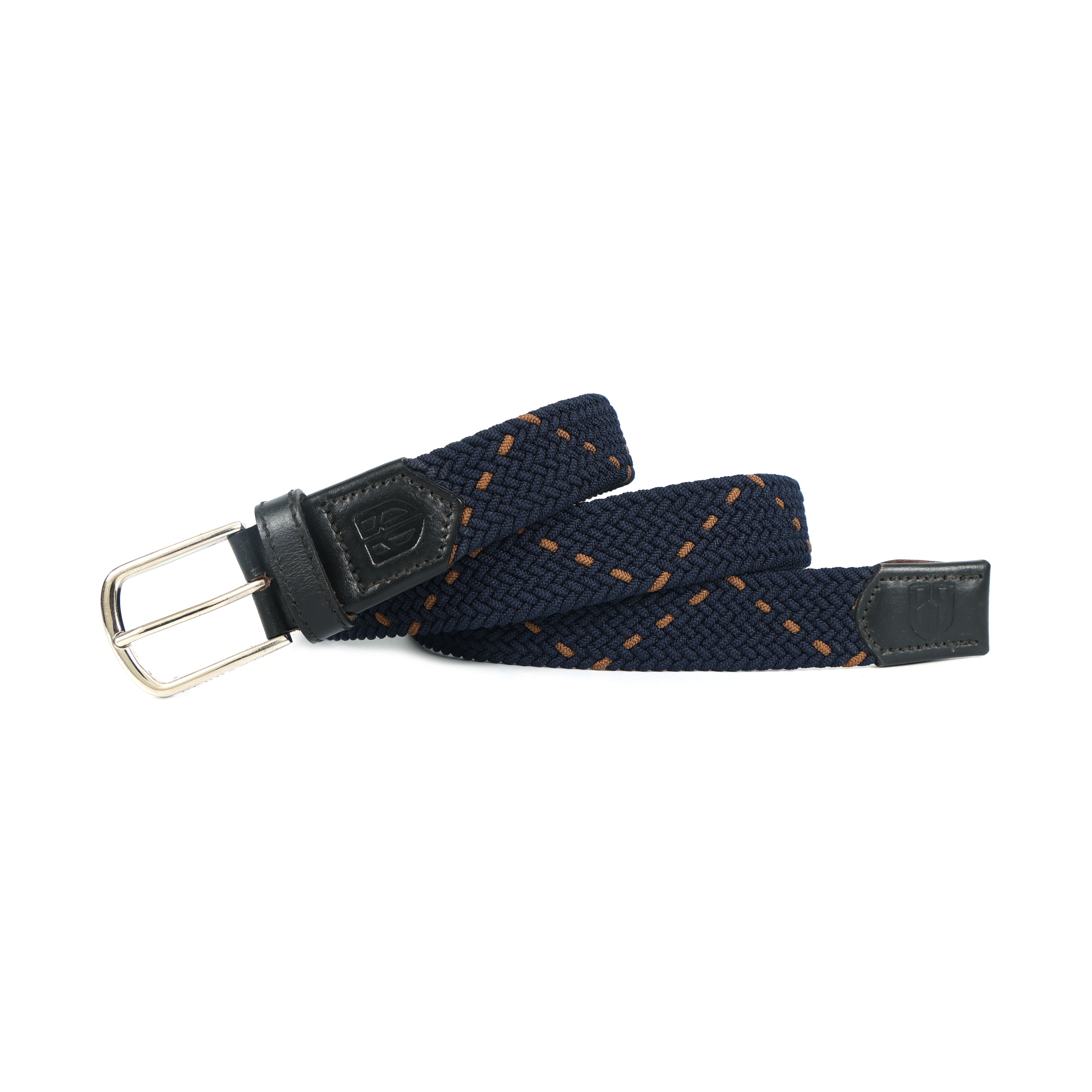 Golf Stretch Belt – Navy & Orange Dot with Black Leather Trim