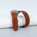 Berbanto Two Tone Tan Leather Western Belt with Western Engraved Silver Buckle + Free Antique Plain Buckle