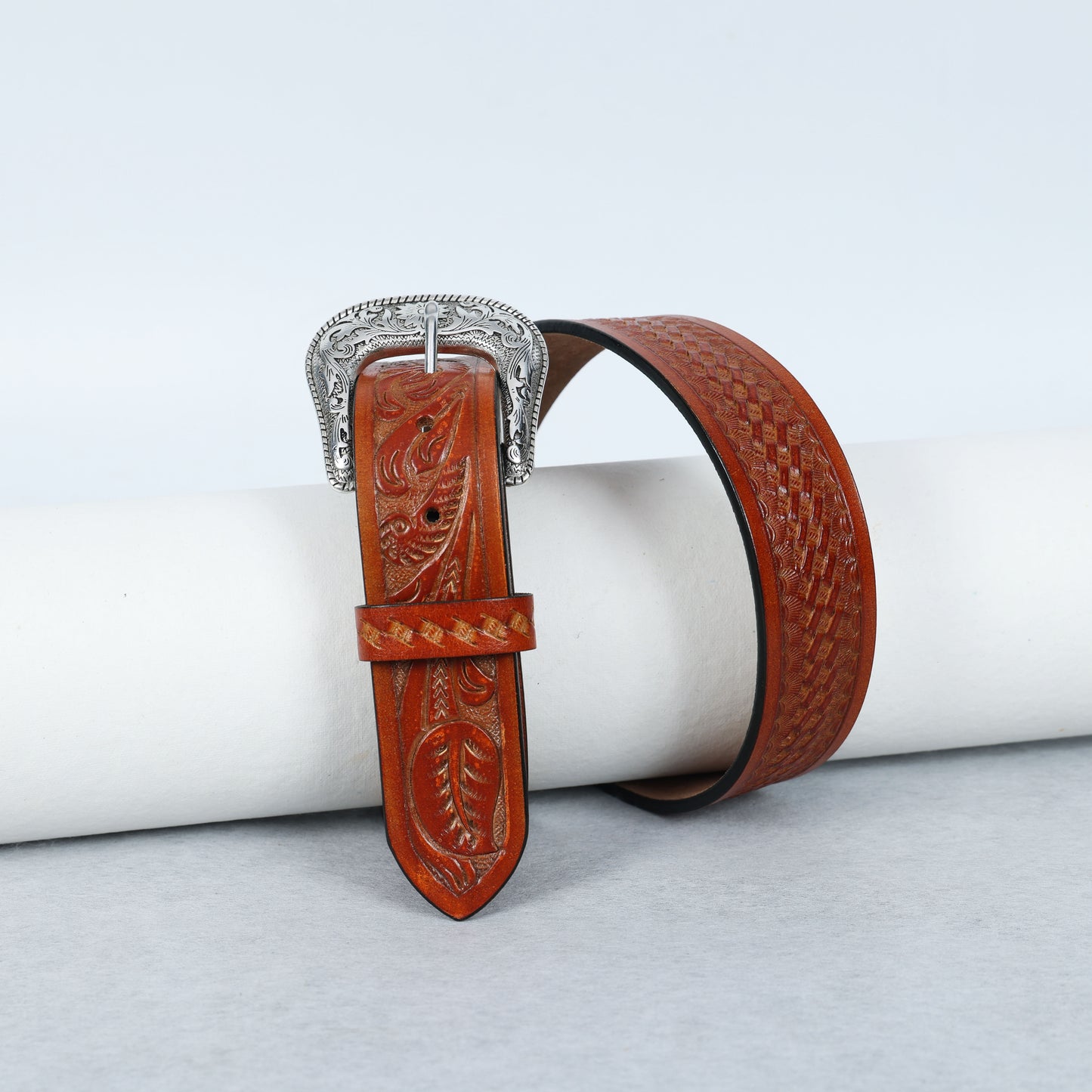 Berbanto Two Tone Tan Leather Western Belt with Western Engraved Silver Buckle + Free Antique Plain Buckle