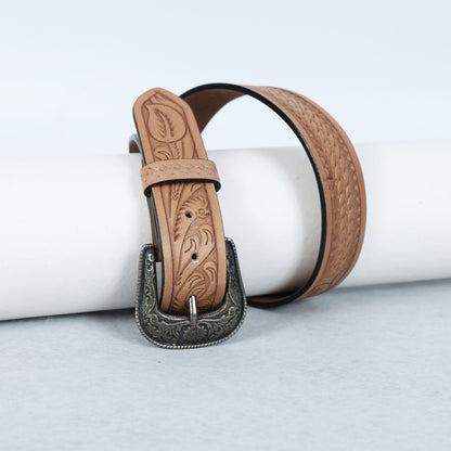Berbanto Natural Leather Western Belt with Western Engraved Black Buckle + Free Antique Plain Buckle