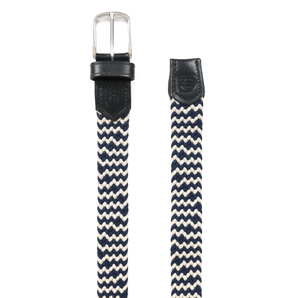 Golf Stretch Belt – Navy & White Chevron with Black Leather Trim