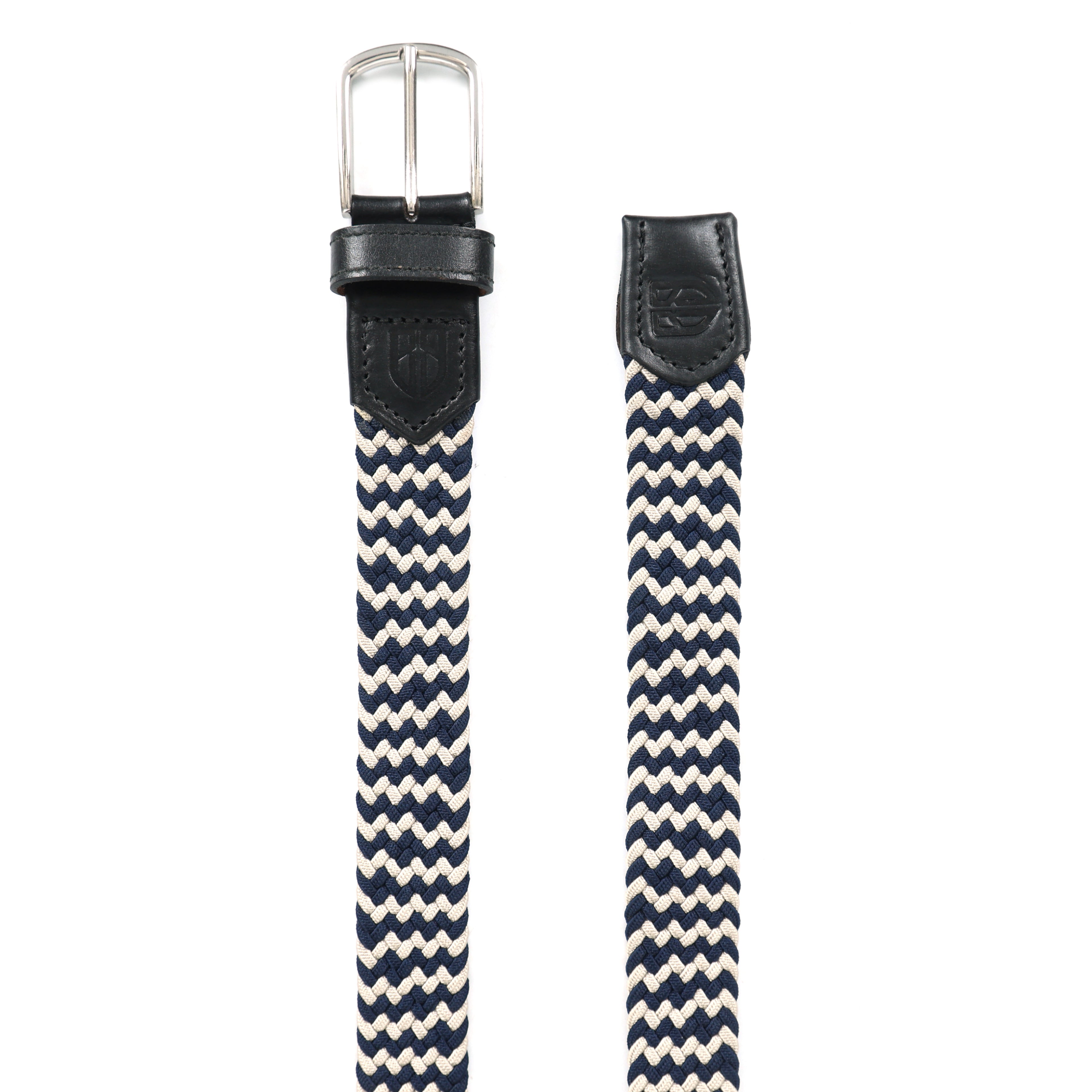 Golf Stretch Belt – Navy & White Chevron with Black Leather Trim