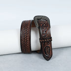 Berbanto Two Tone Brown Leather Western Belt with Western Engraved Black Buckle + Free Antique Plain Buckle