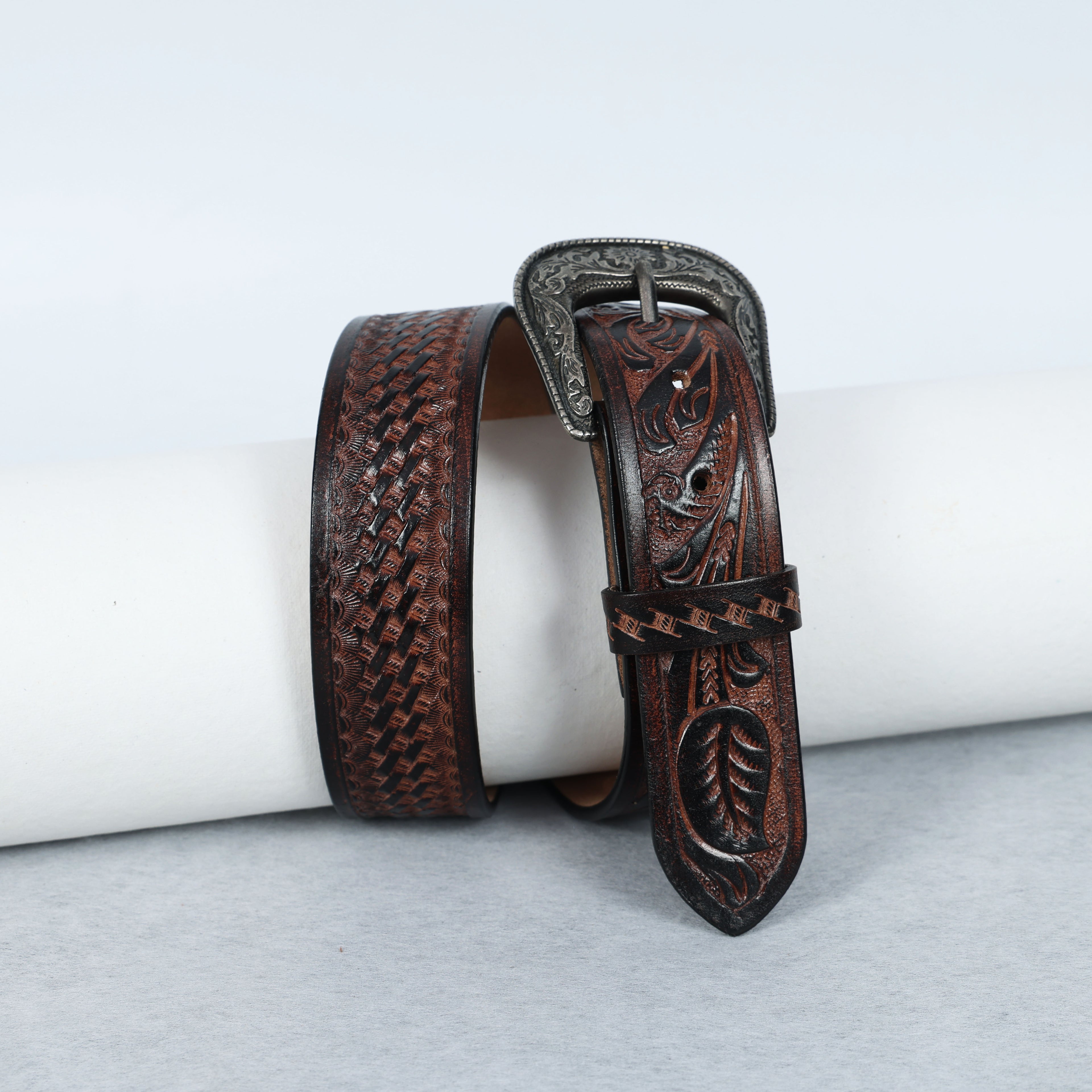 Berbanto Two Tone Brown Leather Western Belt with Western Engraved Black Buckle + Free Antique Plain Buckle