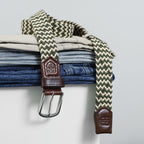 Golf Stretch Belt – Olive & Beige Zigzag with Brown Leather Trim