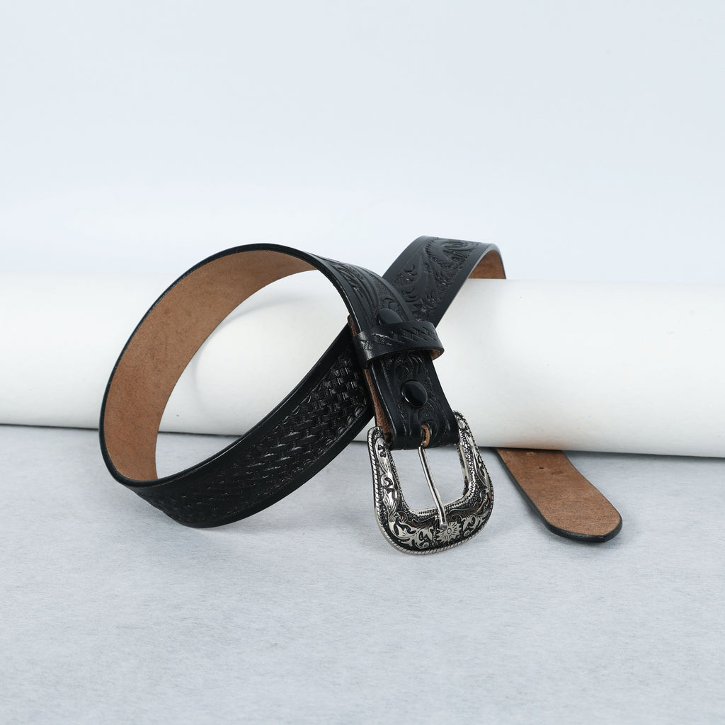 Black Leather Western Belt with Western Engraved Rustic Silver Buckle + Free Antique Plain Buckle