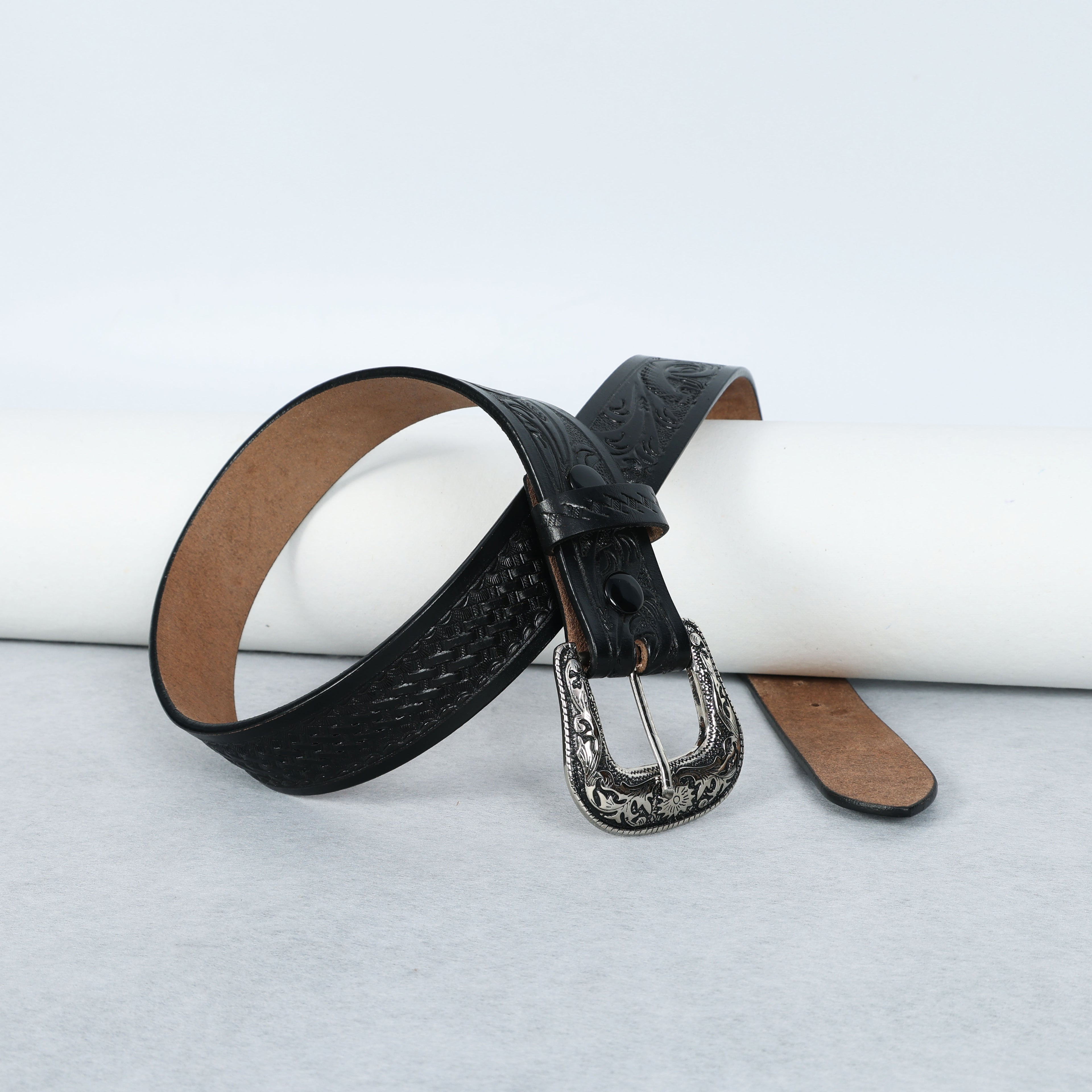 Black Leather Western Belt with Western Engraved Rustic Silver Buckle + Free Antique Plain Buckle
