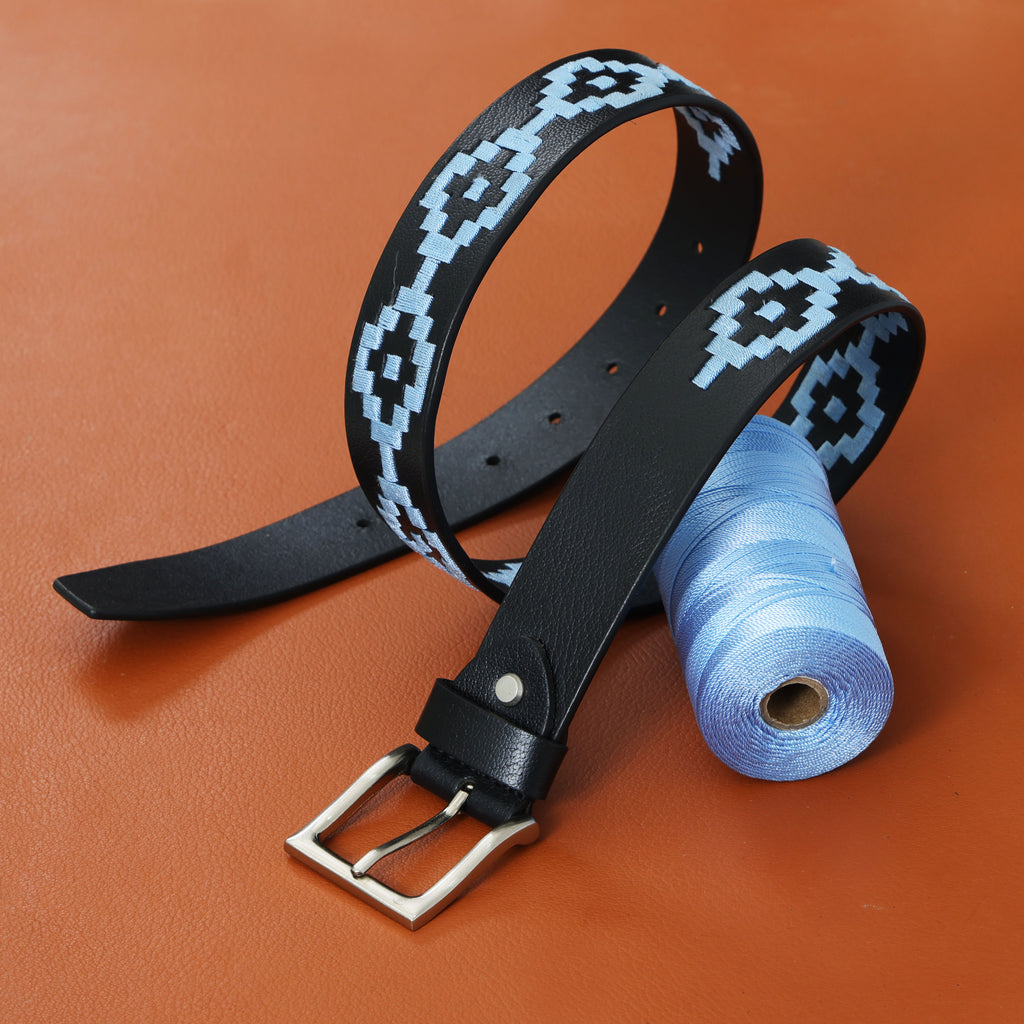 Berbanto Sky Blue Polo Belt – Hand-Embroidered on Premium Full-Grain Black Leather