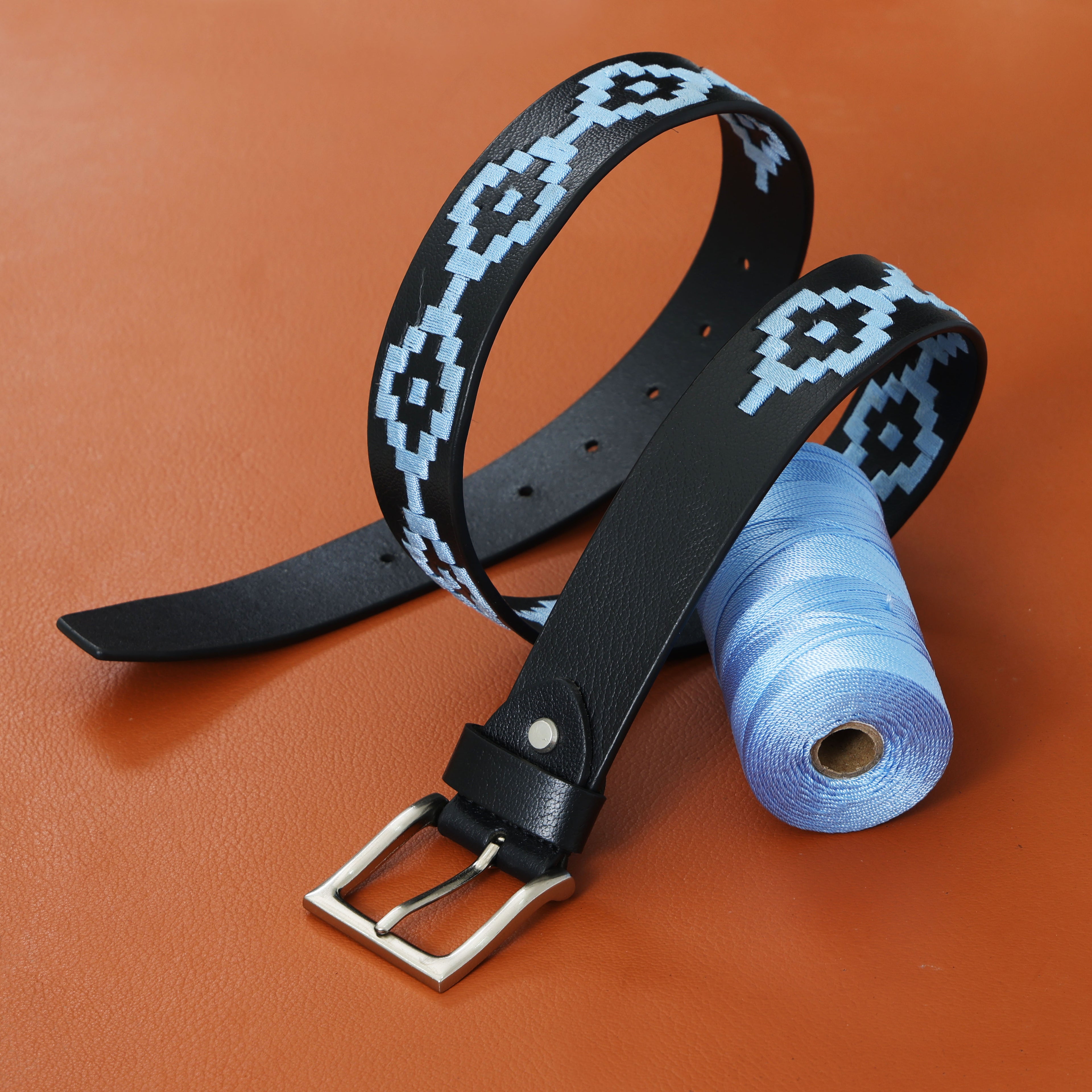 Berbanto Sky Blue Polo Belt – Hand-Embroidered on Premium Full-Grain Black Leather