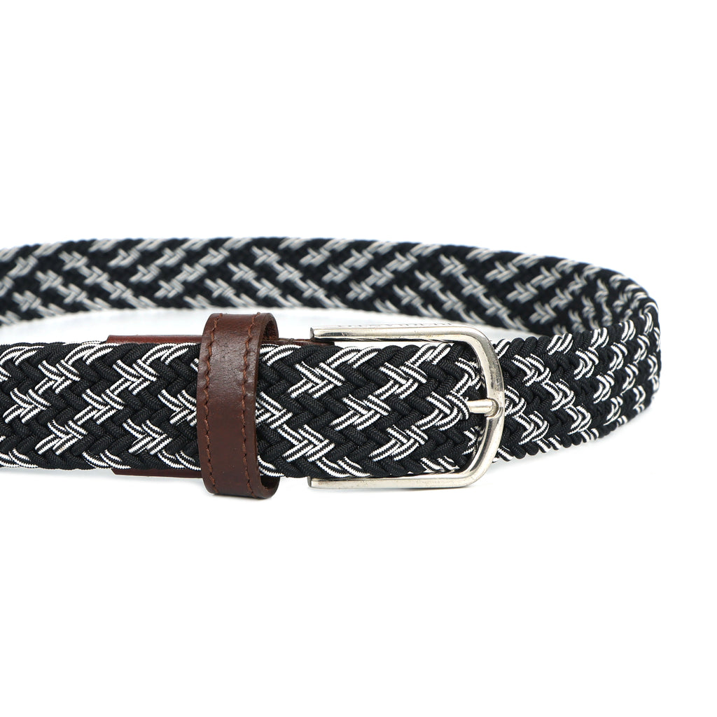Golf Stretch Belt – Black & White Zigzag with Brown Leather Trim