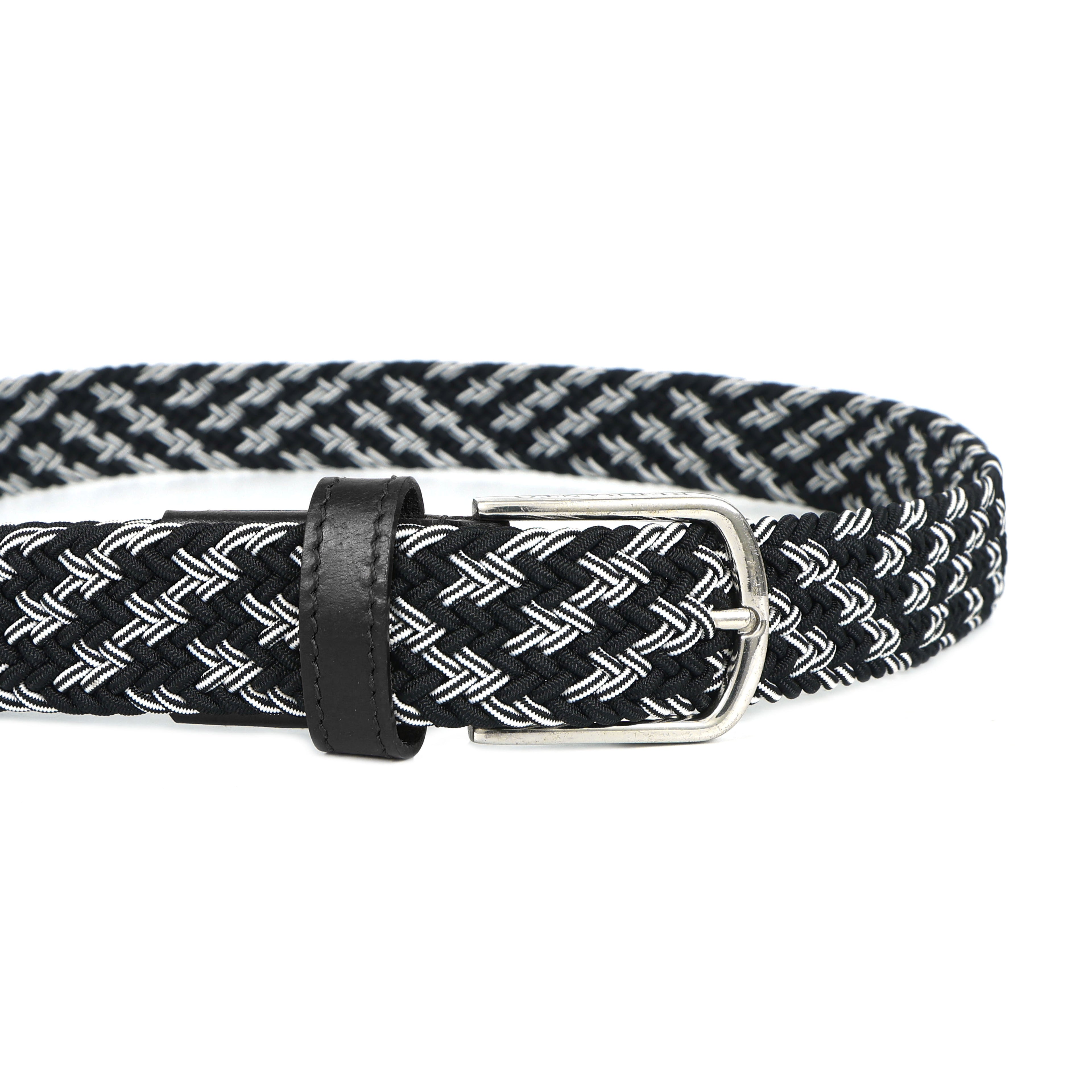 Golf Stretch Belt – Black & White Zigzag with Black Leather Trim