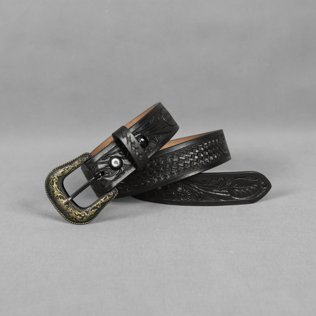 Black Leather Western Belt with Western Engraved Brass Buckle + Free Antique Plain Buckle