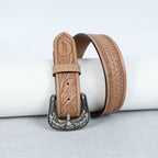 Berbanto Natural Leather Western Belt with Western Engraved Rustic Silver Buckle + Free Antique Plain Buckle