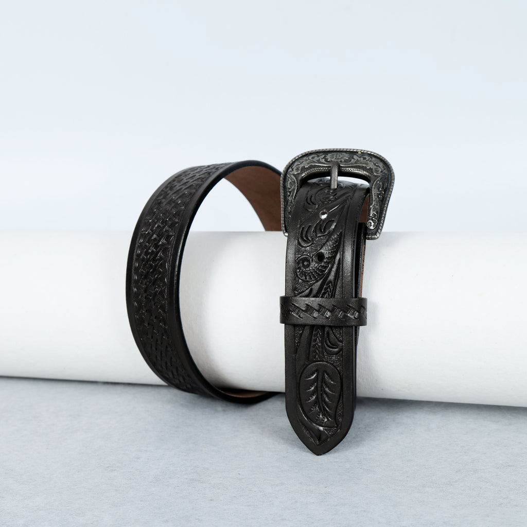 Black Leather Western Belt with Western Engraved Black Buckle + Free Antique Plain Buckle