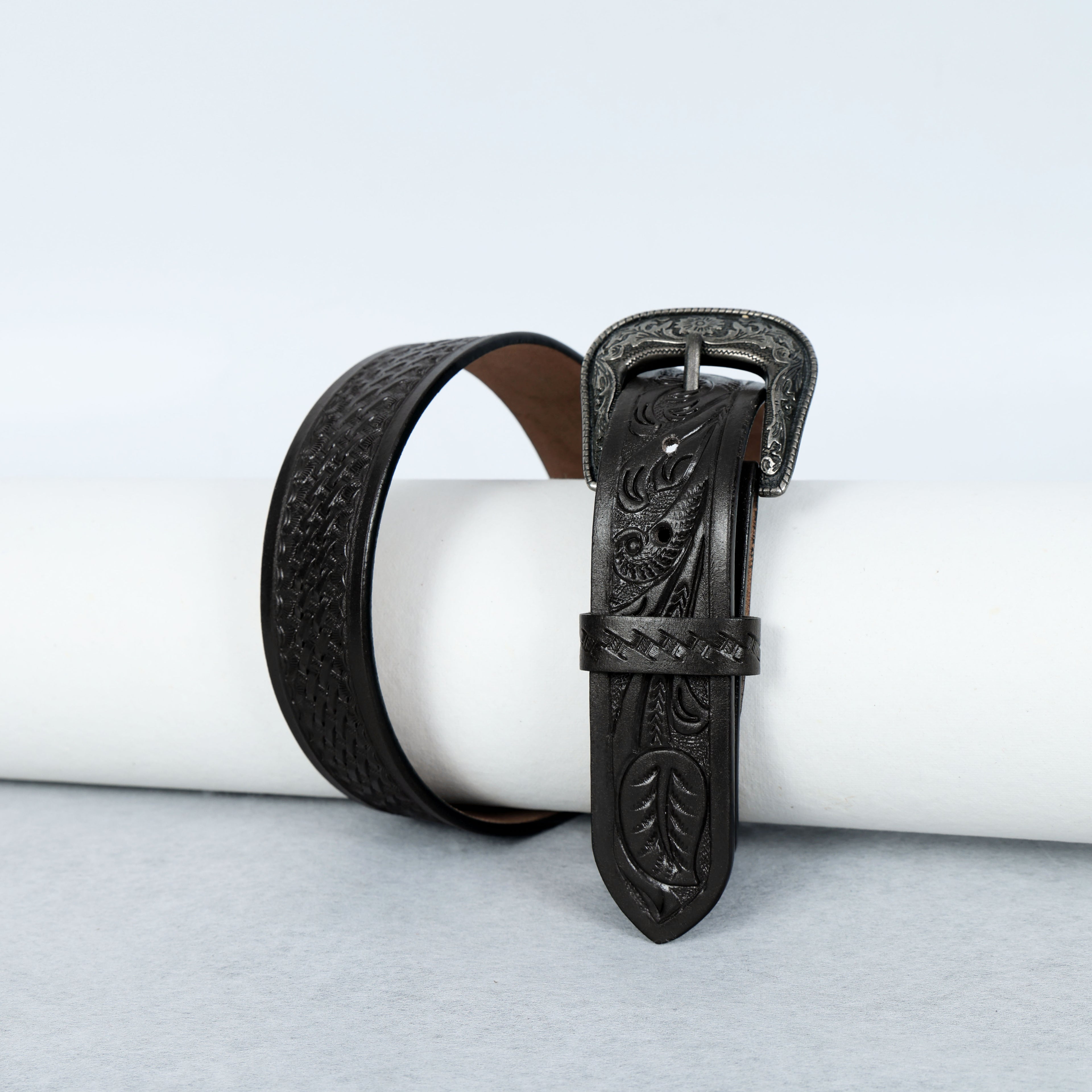 Black Leather Western Belt with Western Engraved Black Buckle + Free Antique Plain Buckle