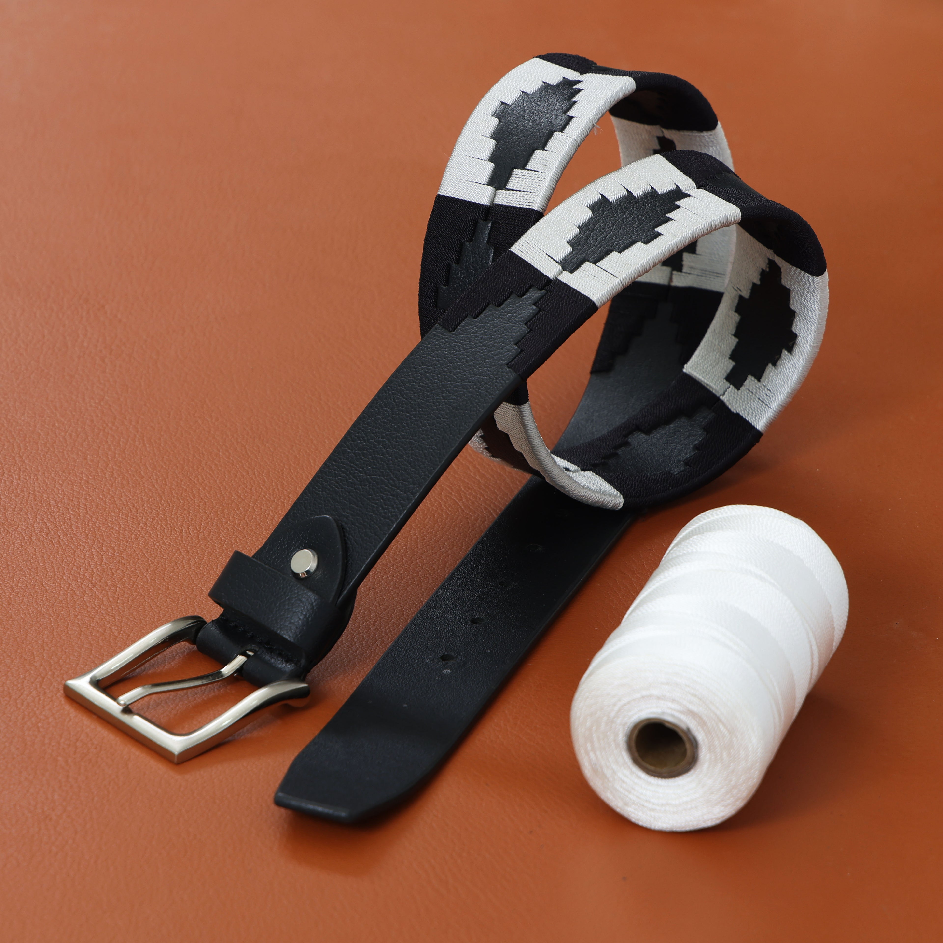 Grey Classic Polo Belt – Hand-Embroidered Premium Full-Grain Black Leather Belt