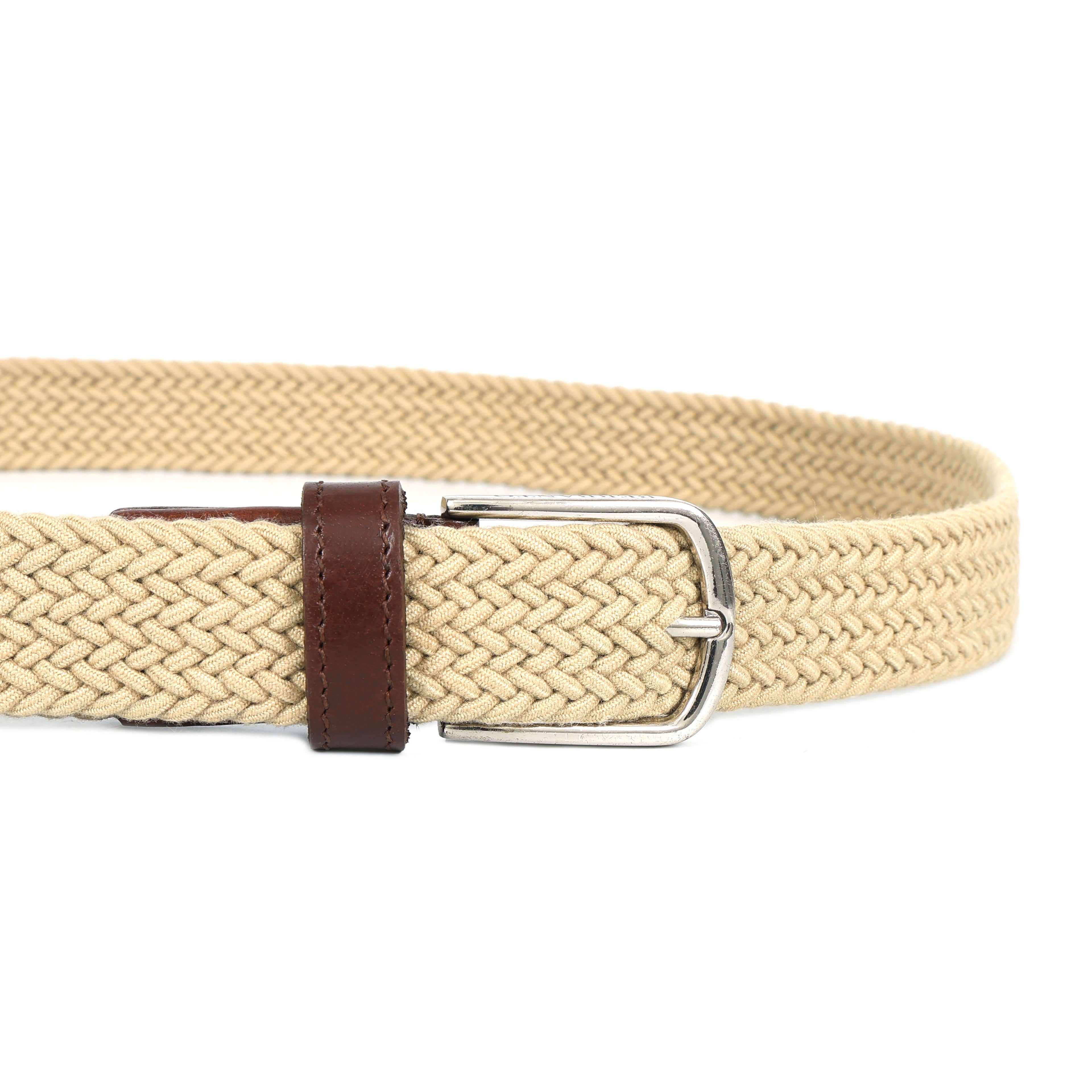 Golf Stretch Belt – Classic Beige with Brown Leather Trim