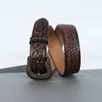 Berbanto Two Tone Brown Leather Western Belt with Western Engraved Brass Buckle + Free Antique Plain Buckle