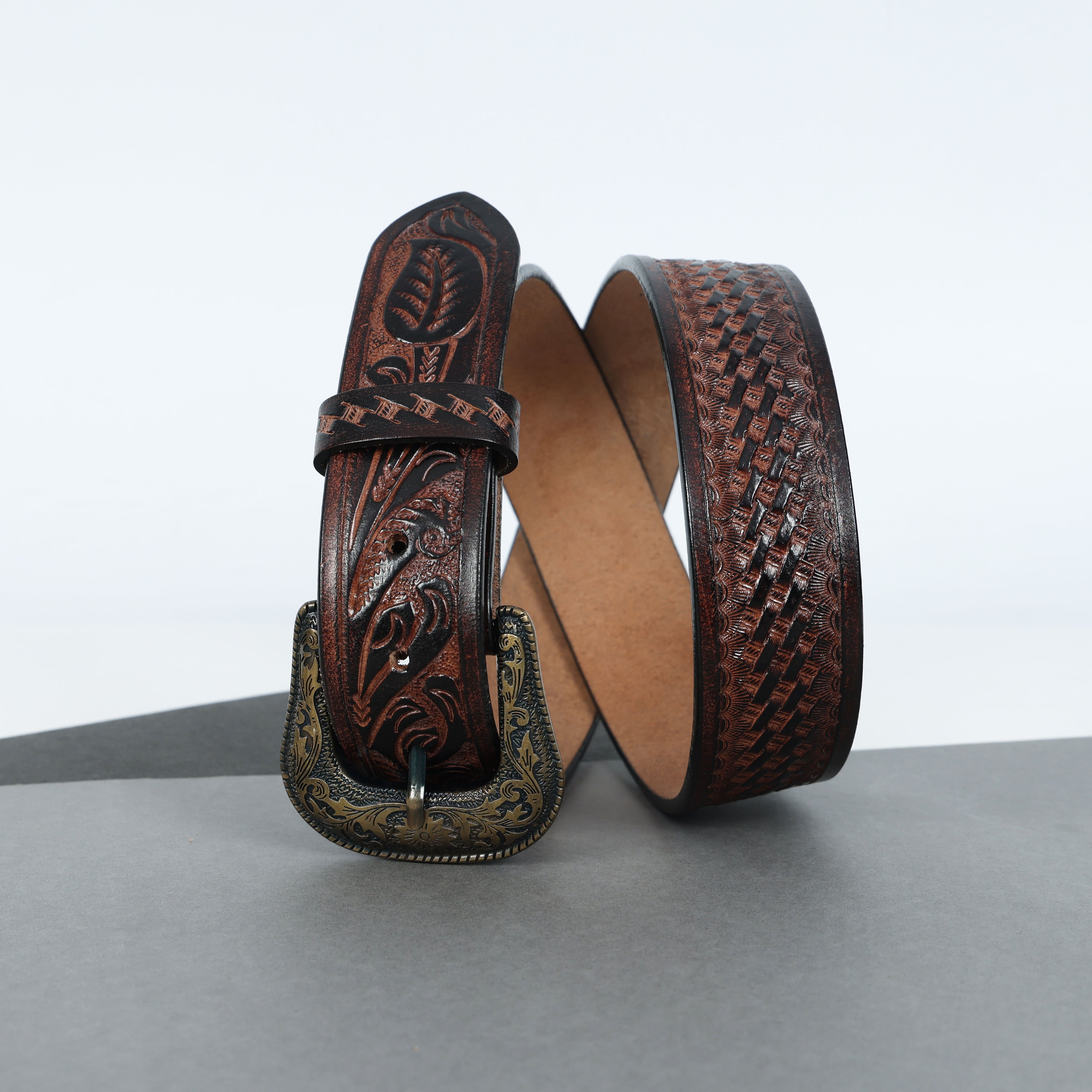 Berbanto Two Tone Brown Leather Western Belt with Western Engraved Brass Buckle + Free Antique Plain Buckle