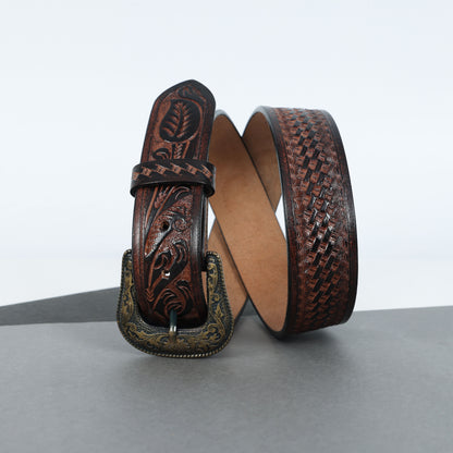 Berbanto Two Tone Brown Leather Western Belt with Western Engraved Brass Buckle + Free Antique Plain Buckle