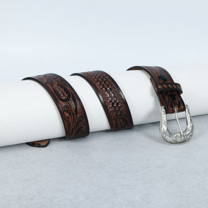 Berbanto Two Tone Brown Leather Western Belt with Western Engraved Silver Buckle + Free Antique Plain Buckle