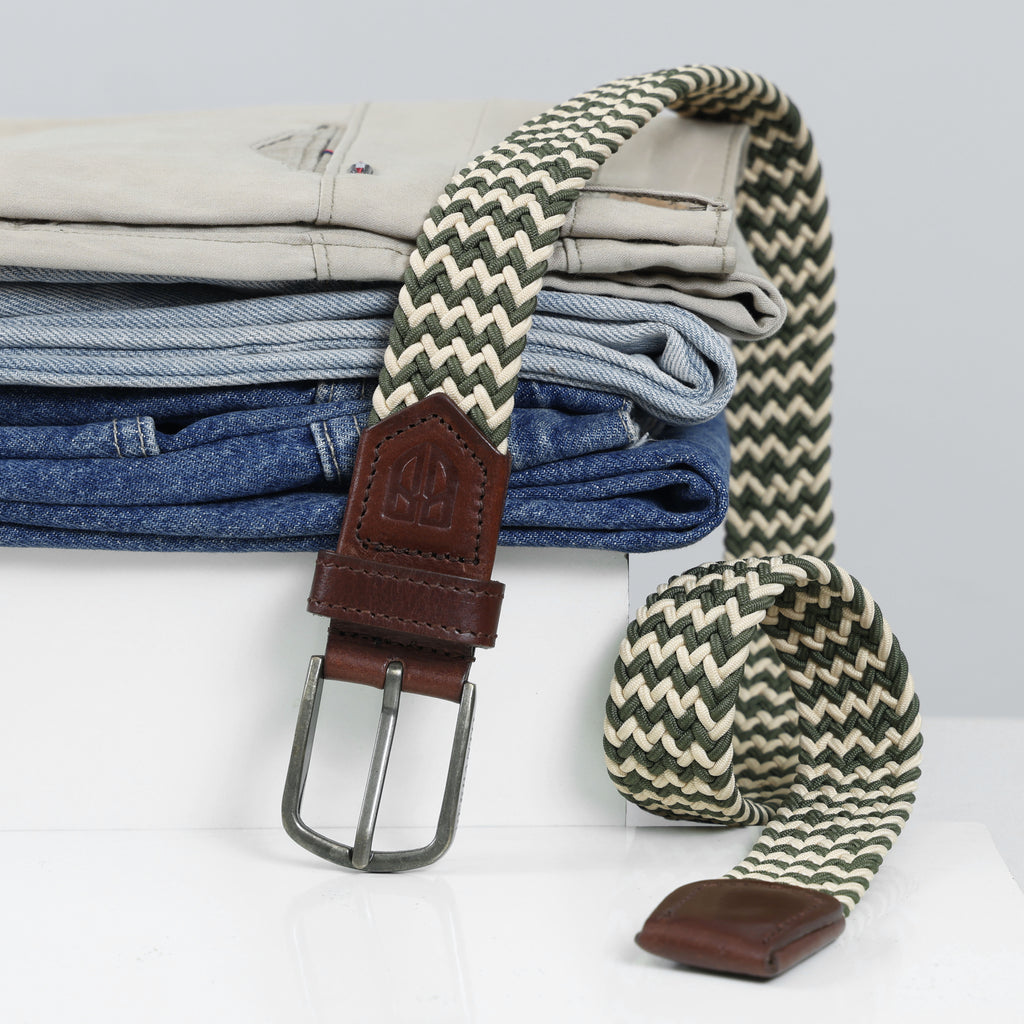 Golf Stretch Belt – Olive & Beige Zigzag with Brown Leather Trim