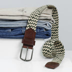 Golf Stretch Belt – Olive & Beige Zigzag with Brown Leather Trim