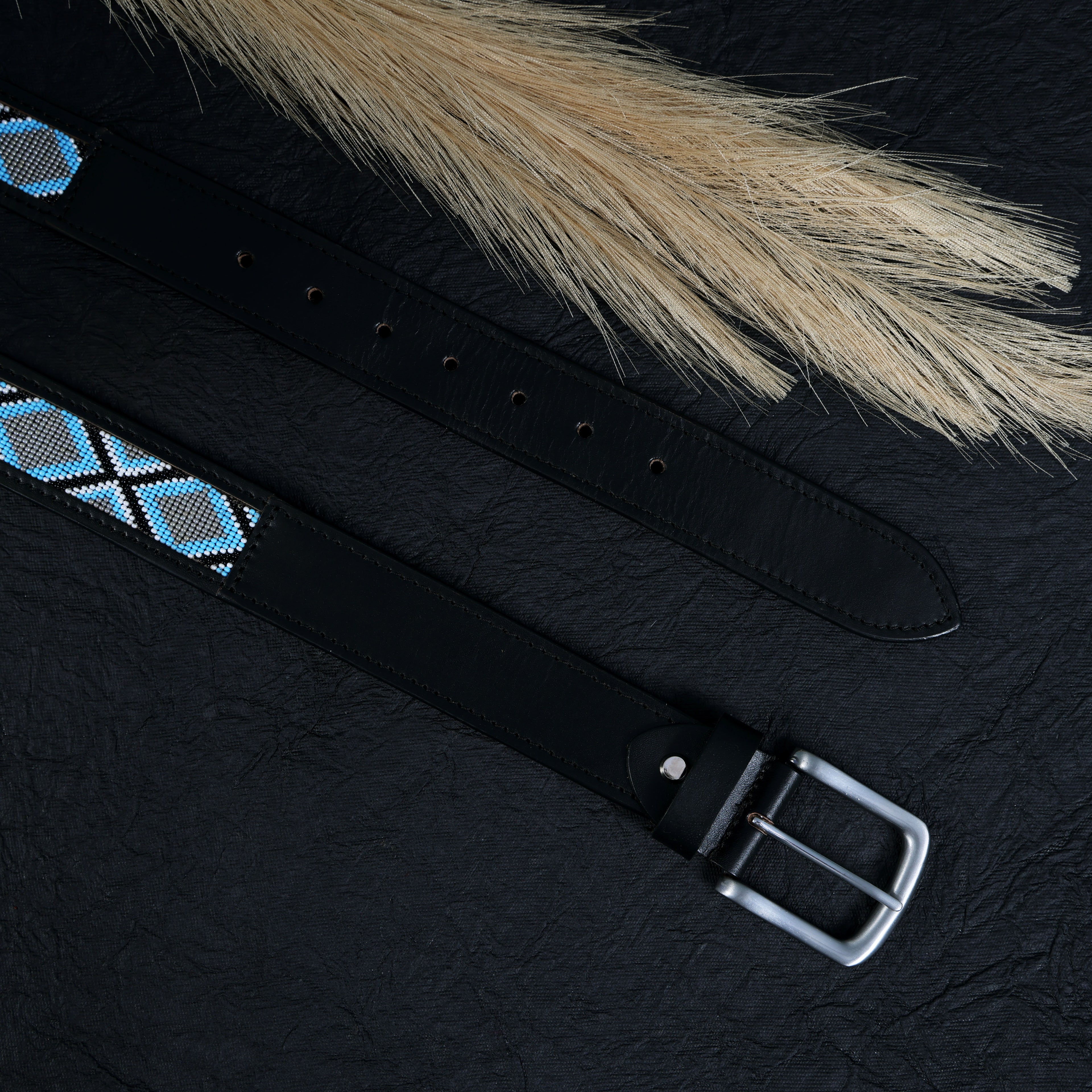 Blue Horizon Gaucho Beaded Leather Belt – Handcrafted Argentinian Diamond Pattern Belt