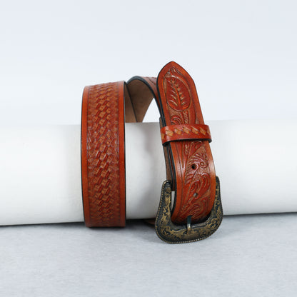 Berbanto Two Tone Tan Leather Western Belt with Western Engraved Brass Buckle + Free Antique Plain Buckle