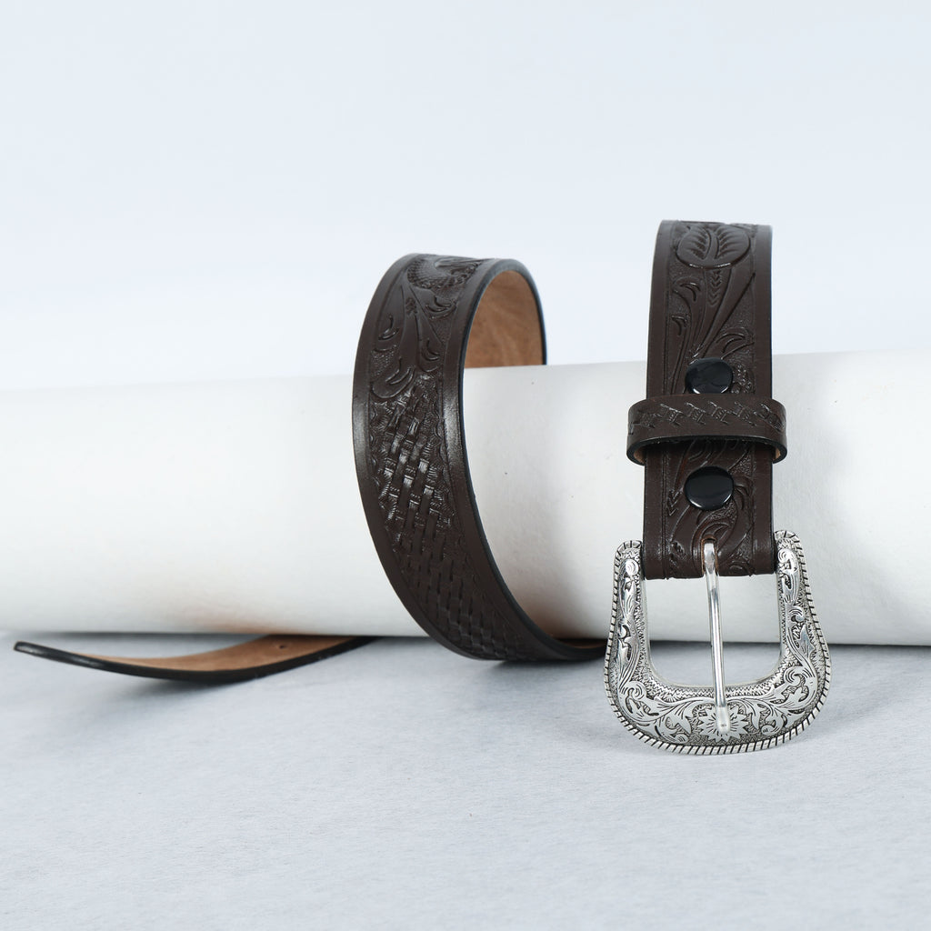 Dark Brown Leather Western Belt with Western Engraved Silver Buckle + Free Antique Plain Buckle