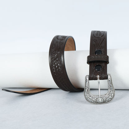 Berbanto Dark Brown Leather Western Belt with Western Engraved Silver Buckle + Free Antique Plain Buckle